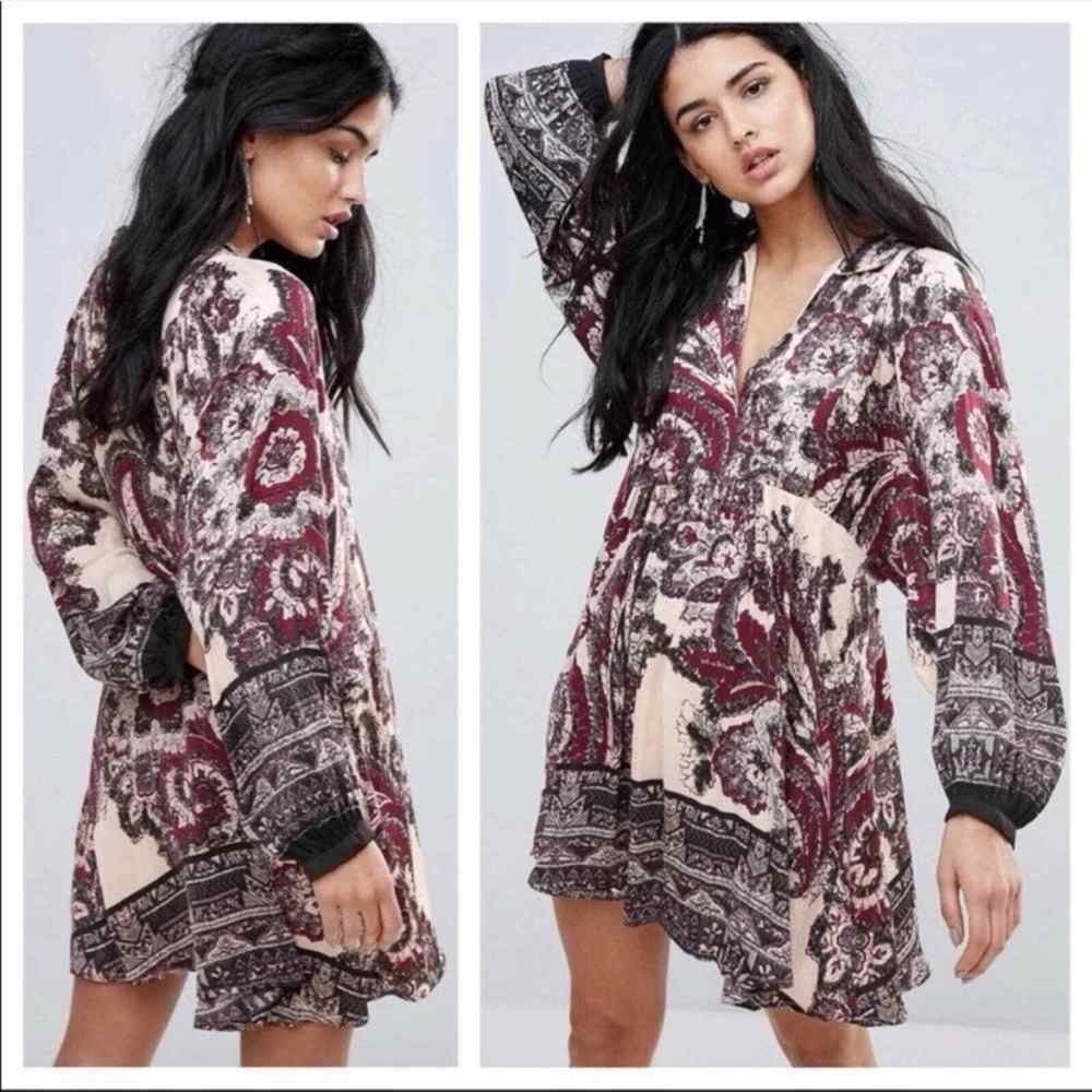 Free People Women's Size S Say You Love Me Long Sleeve Mini Dress Peach/Maroon